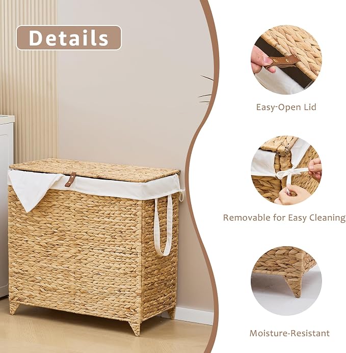 Laundry Hamper with Lid and Removable Liner Bag, Handwoven Natural Hyacinth - Image 7