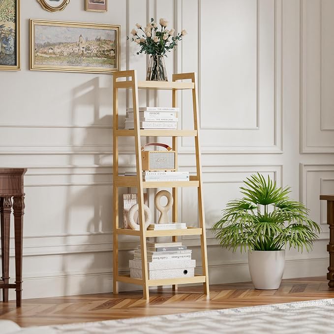 SMIBUY Bamboo Ladder Bookcase, Bathroom Storage Rack Organizer, 4 Tier and 5 - Image 2