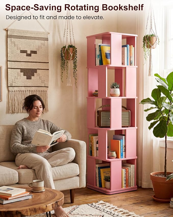 5-Tier Rotating Bookshelf Tower, 360° Square Spinning Book Shelf | Floor - Image 7