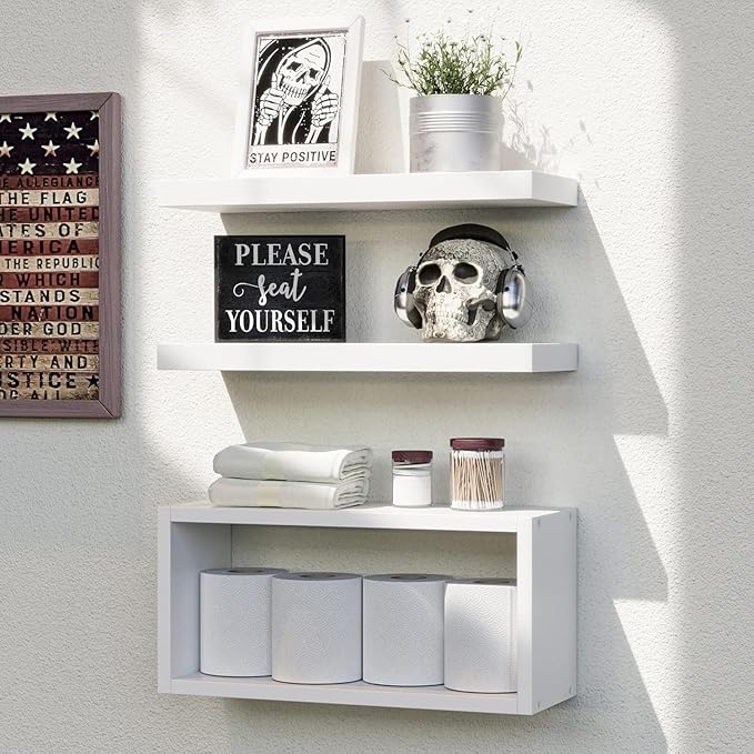 RICHER HOUSE 3-Set White Floating Wall Shelves, Bathroom Shelf Over Toilet | by RicherHouse