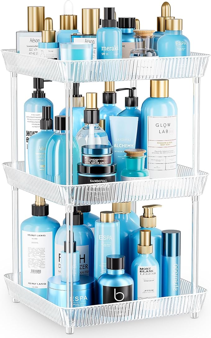 3 Tier Lazy Susan Bathroom Countertop Organizer, 360° Clear Rotating Square by Acina