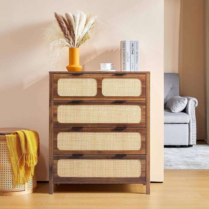 4 Drawer Dresser with Rattan Finish, Modern Farmhouse Chest of Drawers with by YUCHIATHSoulFurniture
