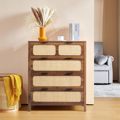 4 Drawer Dresser with Rattan Finish, Modern Farmhouse Chest of Drawers with by YUCHIATHSoulFurniture