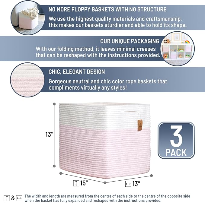 NaturalCozy 13x15x13 Kallax Storage Cubes, 3 Pack | Cotton Rope Cube Storage - Image 2