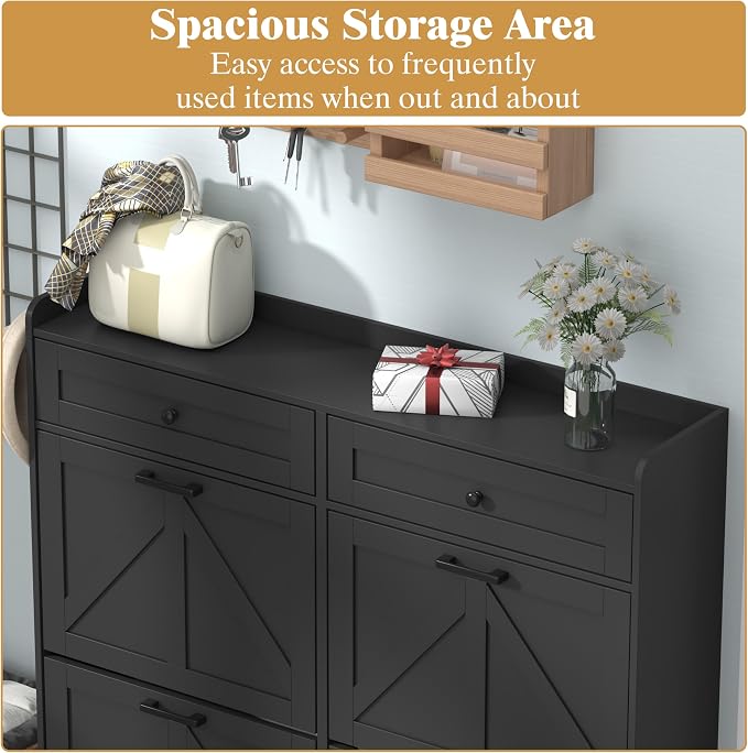 Thacuok Shoe Cabinet with 4 Flip Drawers & 2 Storage Drawers, Rustic Farmhouse - Image 4