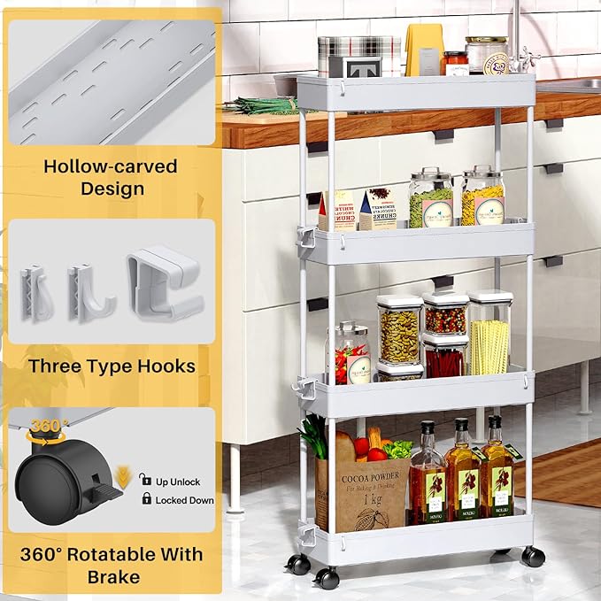 SPACEKEEPER Slim Rolling Storage Cart 4 Tier Bathroom Organizer Mobile Shelving - Image 2