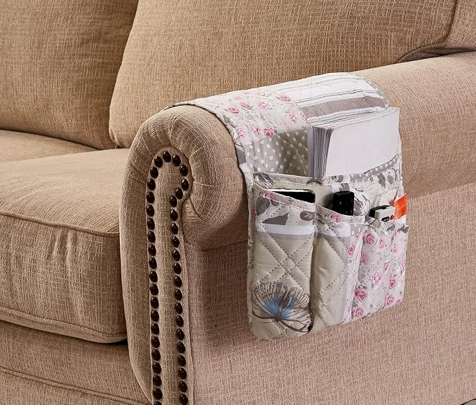 Brilliant Sunshine Grey Cupid and Pink Rose Patchwork Sofa Armrest 5 Pockets - Image 2