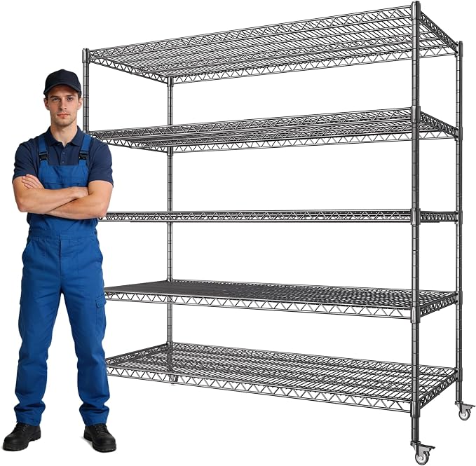60” W Storage Shelves with Wheels, 5 Tier Wire Shelving Heavy Duty, Adjustable by AIRAJ