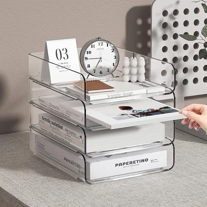 4-Tier Acrylic Paper Tray Organizer | Clear Stackable Desk Organizer - Image 6