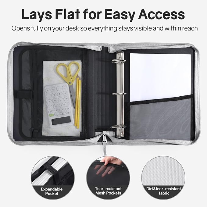 SUNEE Zippered Binder Bag with Handle, 2-Inch 3-Ring O-Ring, 500-Sheet Capacity - Image 4