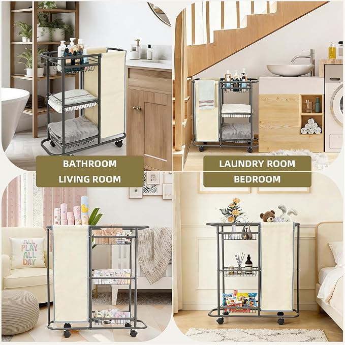 Rolling Laundry Basket with 3 Storage Baskets and 45 L Bag, Heavy Duty Laundry - Image 7