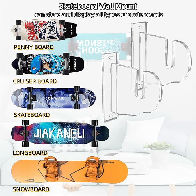 BiJun Skateboard Wall Mount, Snowboard Wall Mount Display, Acrylic Horizontal - Image 3