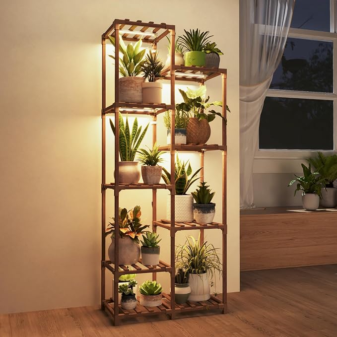 Bamworld Plant Stand with Grow Lights Indoor Outdoor 9 Tier Tall Large Wood by Bamworld