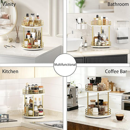 2-Tier Rotating Bathroom Countertop Organizer, Wooden Makeup Vanity Storage - Image 4