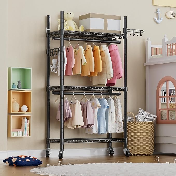 Heavy Duty Clothes Rack Rolling Garment Rack, 3 Tier Adjustable Wire Shelving - Image 8