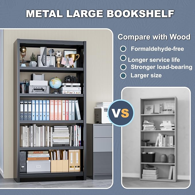 5 Tier Metal Bookshelf, Large Heavy Duty Book Shelves, Industrial Wide Book - Image 5