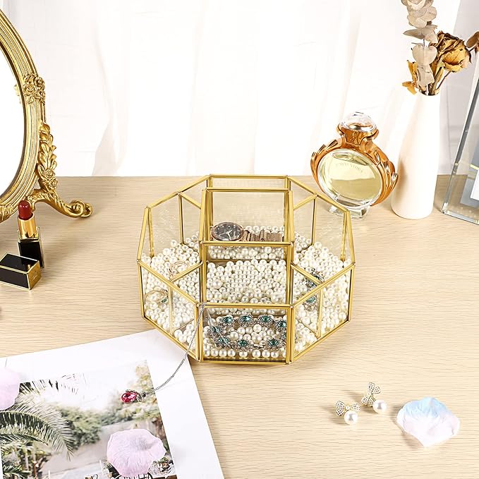 Hipiwe 360 Degree Rotating Glass Makeup Organizer- 5 Slots Gold Metal Cosmetic - Image 6