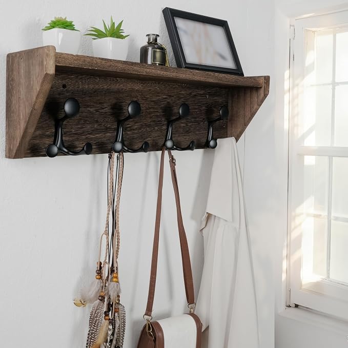 WEBI Wall Shelf with Hooks Underneath, 24” Long Wall Mounted Coat Rack with - Image 2