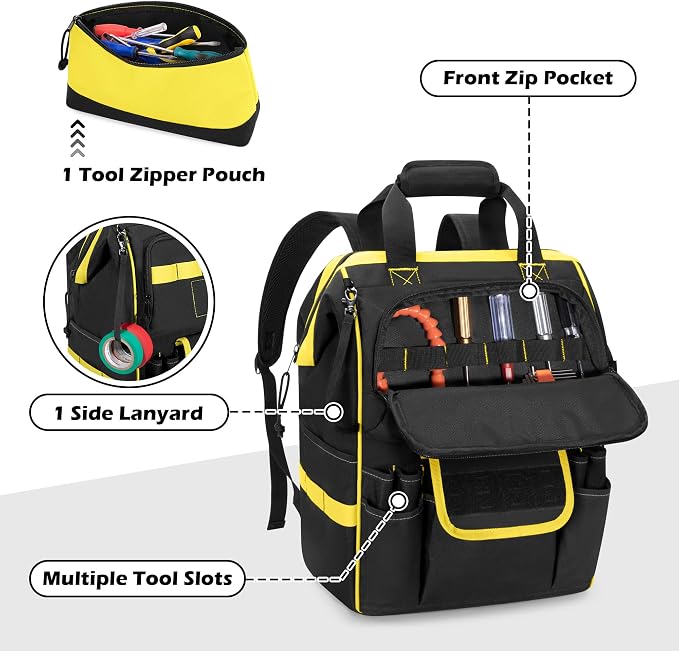 Tool Bag Backpack with Zipper Pouch and Magnetic Attraction Area, Heavy-Duty - Image 4