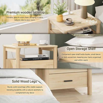 Night Stand with Charging Station, 2 Drawers End Table with Open Shelf - Image 3