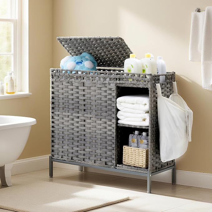 Laundry Hamper with Lid, 110L Rattan Laundry Hamper 2 Section with 50L Storage - Image 8