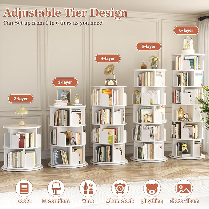Aheaplus 6 Tier Rotating Bookshelf, Wood Spinning Bookshelf Tower, Round - Image 6