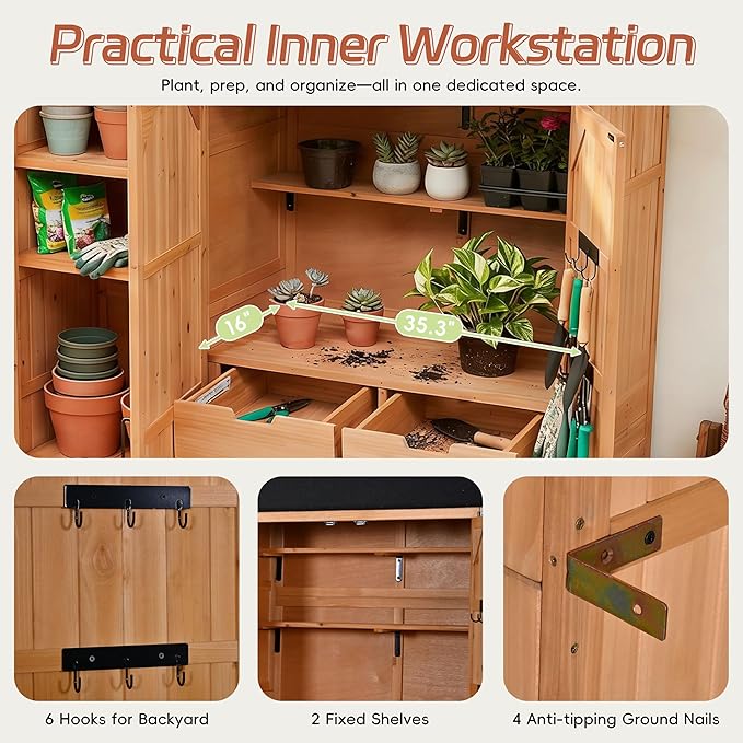 Merax Potting Bench with Waterproof Roof, Patio Garden Shed with 3 Doors - Image 7