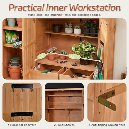 Merax Potting Bench with Waterproof Roof, Patio Garden Shed with 3 Doors - Image 7