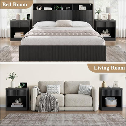 Fluted Nightstand with Charging Station, 23.6" End Table with Solid Wood Handle - Image 7