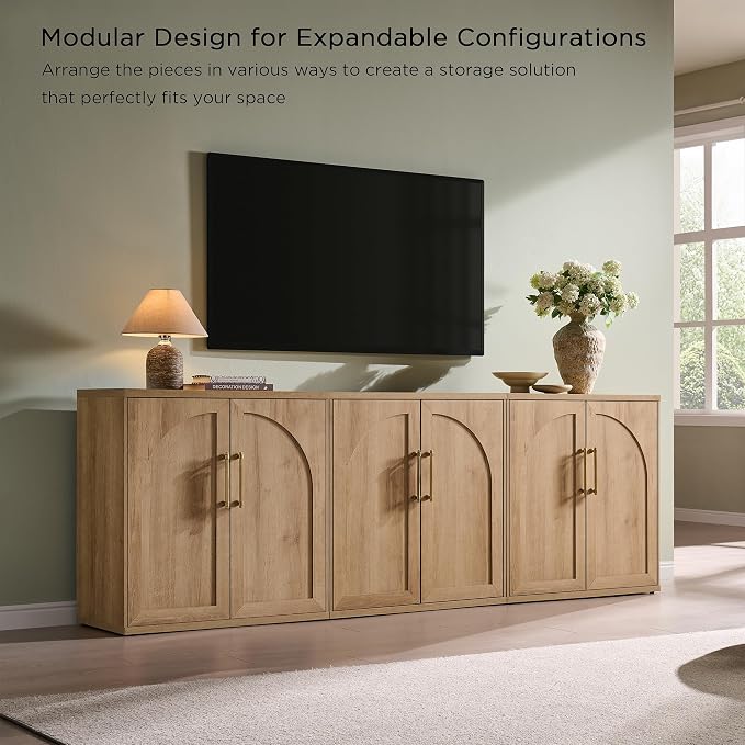 ACCOHOHO Arched Door Sideboard Buffet Cabinet Set of 3, Natural Oak | Modular - Image 6