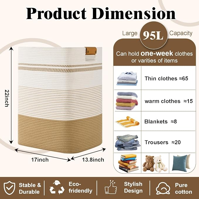Laundry Hamper, 95L Tall Laundry Basket - Image 3