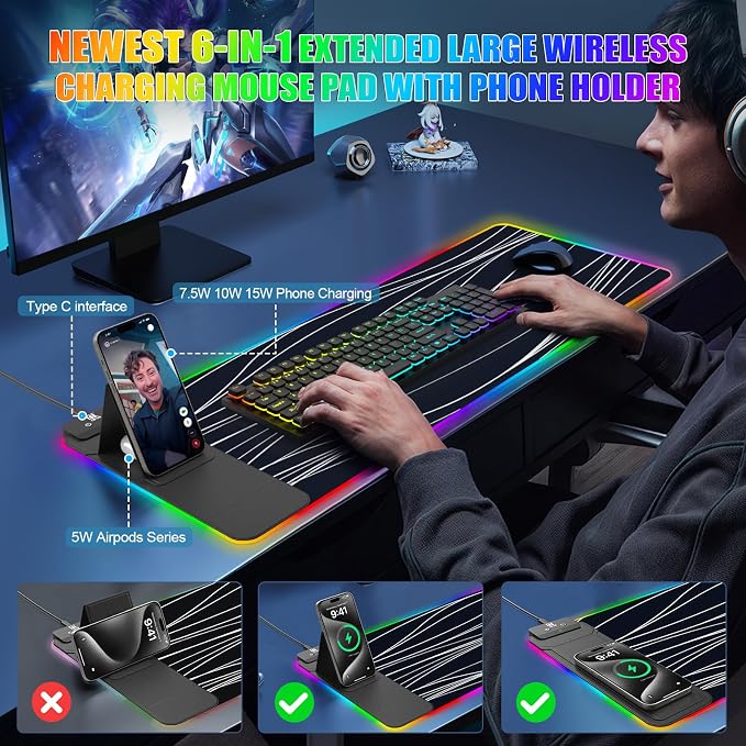 RGB Mouse Pad with Foldable Phone Stand & Wireless Charger, 31.5"x11.8" XL - Image 3
