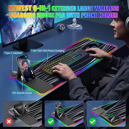 RGB Mouse Pad with Foldable Phone Stand & Wireless Charger, 31.5"x11.8" XL - Image 3