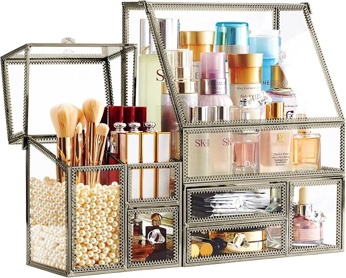 Hersoo Glass Antique Brass Stackable Drawer Set Makeup Organizer - Image 5