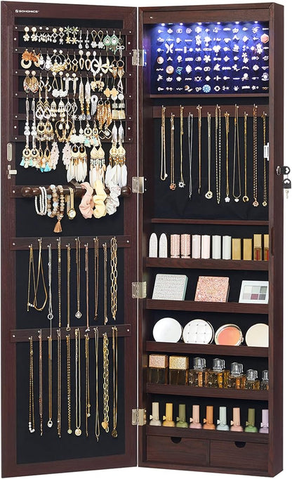SONGMICS 6 LEDs Mirror Jewelry Cabinet, 47.2-Inch Tall Lockable Wall or Door by SONGMICSbySONGMICSHOME