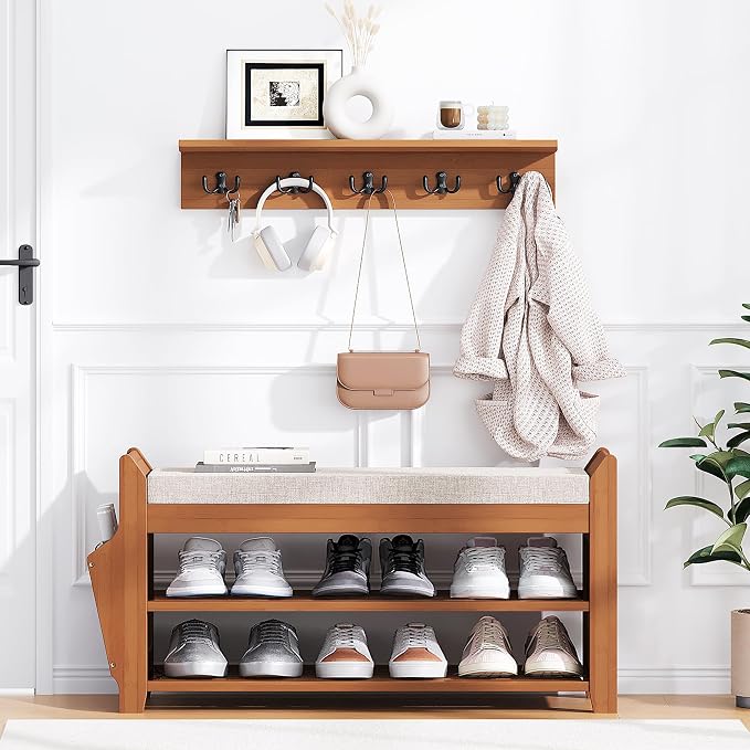 PETKABOO 31.5" Shoe Bench with Coat Rack Hidden Drawer and Side Holder - Image 7