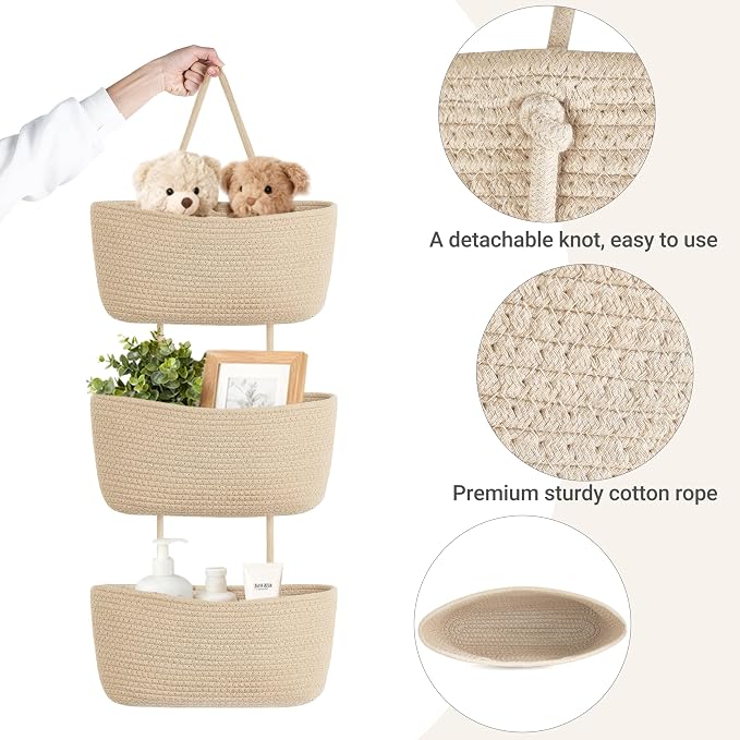 Dahey Over The Door Hanging Basket Storage 3-Tier Woven Wall Basket, Jute | - Image 5