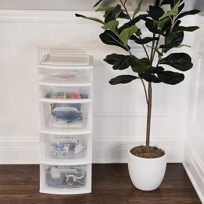 HOMZ 5 Drawer Plastic Storage & Organizer Tower | 3 Large Drawers & 2 Small - Image 2