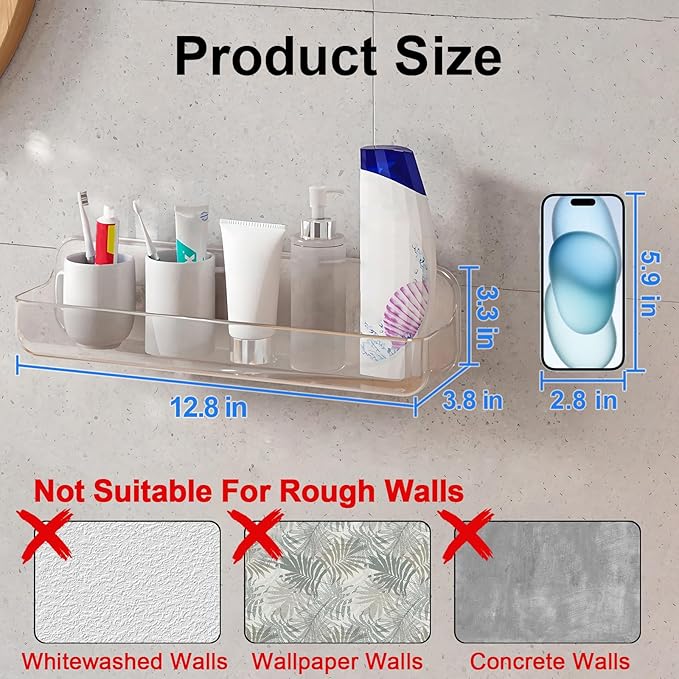 Diesisa Acrylic Wall Mounted Shower Caddy, Adhesive Bathroom Shelves | 4D" x - Image 2