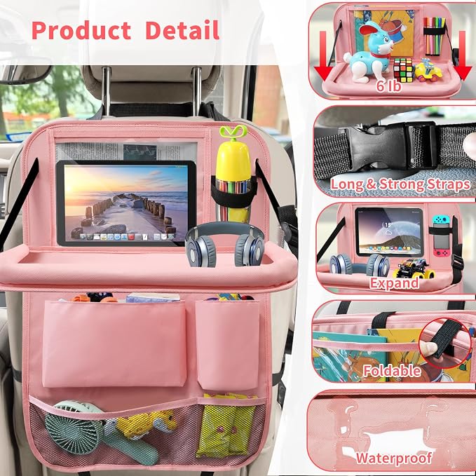 Car Backseat Organizer with Tray, Seat Back Table Holder with 6 Storage Pockets - Image 3
