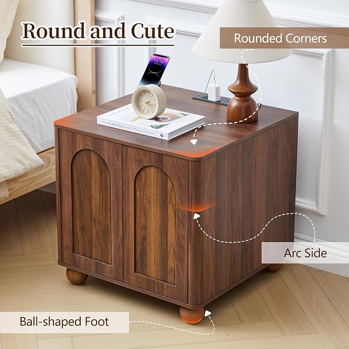 Bed Side Table with Charging Station, Mid Century Modern Nightstand with 2 Doors - Image 5