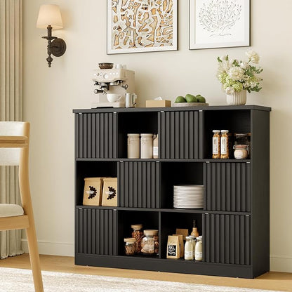 iPormis 12 Cube Bookcase with 6 Fluted Sliding Doors, 3 Tier Wooden Bookshelf - Image 3