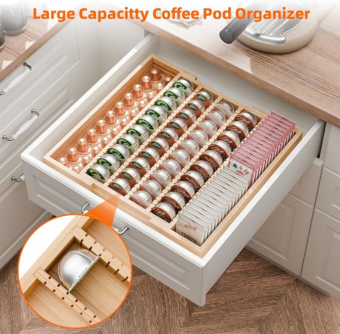 Simple Trending Bamboo Coffee Pod Holder Drawer, Expandable K Cup Pod Storage - Image 2