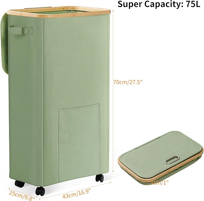 Vincona Laundry Basket with Wheels, Dirty Clothes Hamper on Wheels, Rolling - Image 2