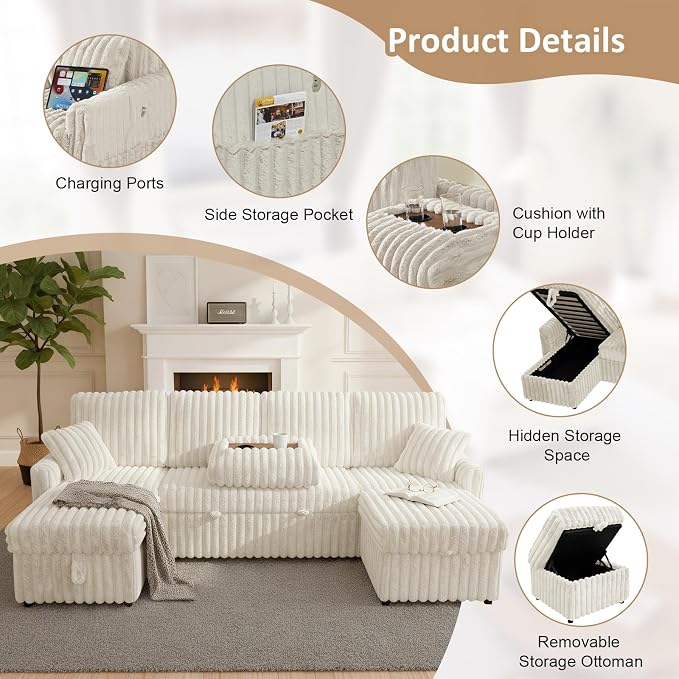 KCGKCG 104" U Shaped Sleeper Sofa Bed, Sectional Couches - Image 4