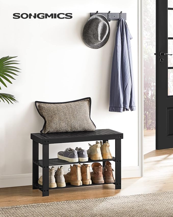 SONGMICS Shoe Rack Bench, 3-Tier Bamboo Shoe Storage Organizer, Entryway Bench - Image 2