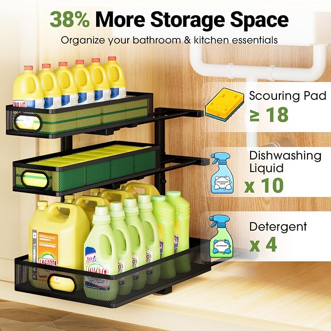 Under Sink Organizer 3 Tier, 2 Pack L-Shaped Pull-Out Cabinet Organizer - Image 5