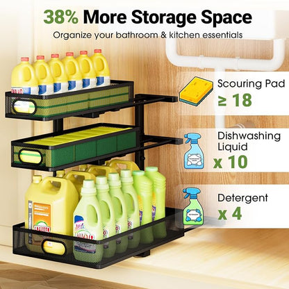 Under Sink Organizer 3 Tier, 2 Pack L-Shaped Pull-Out Cabinet Organizer - Image 5