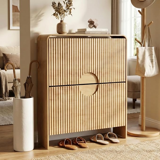 Narrow Shoe Cabinet for Entryway, Fluted Entry Way Shoe Storage Cabinet by zofiauai