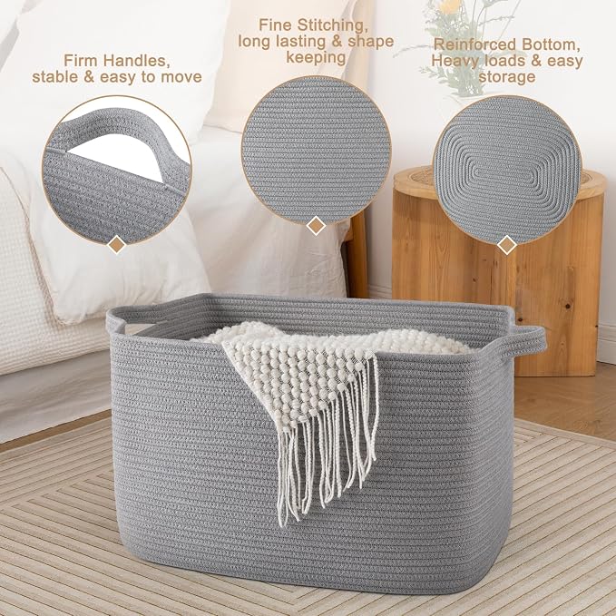65L Large Storage Basket, Cotton Rope Woven Blanket Basket, Toy Storage - Image 6